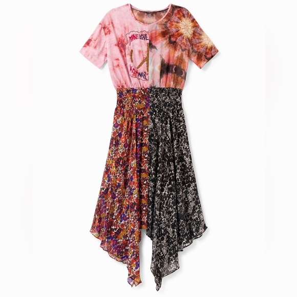 Desigual | Asymmetric Patch Print Dress / Make Love Not War / Floral Size 38 - Picture 1 of 16